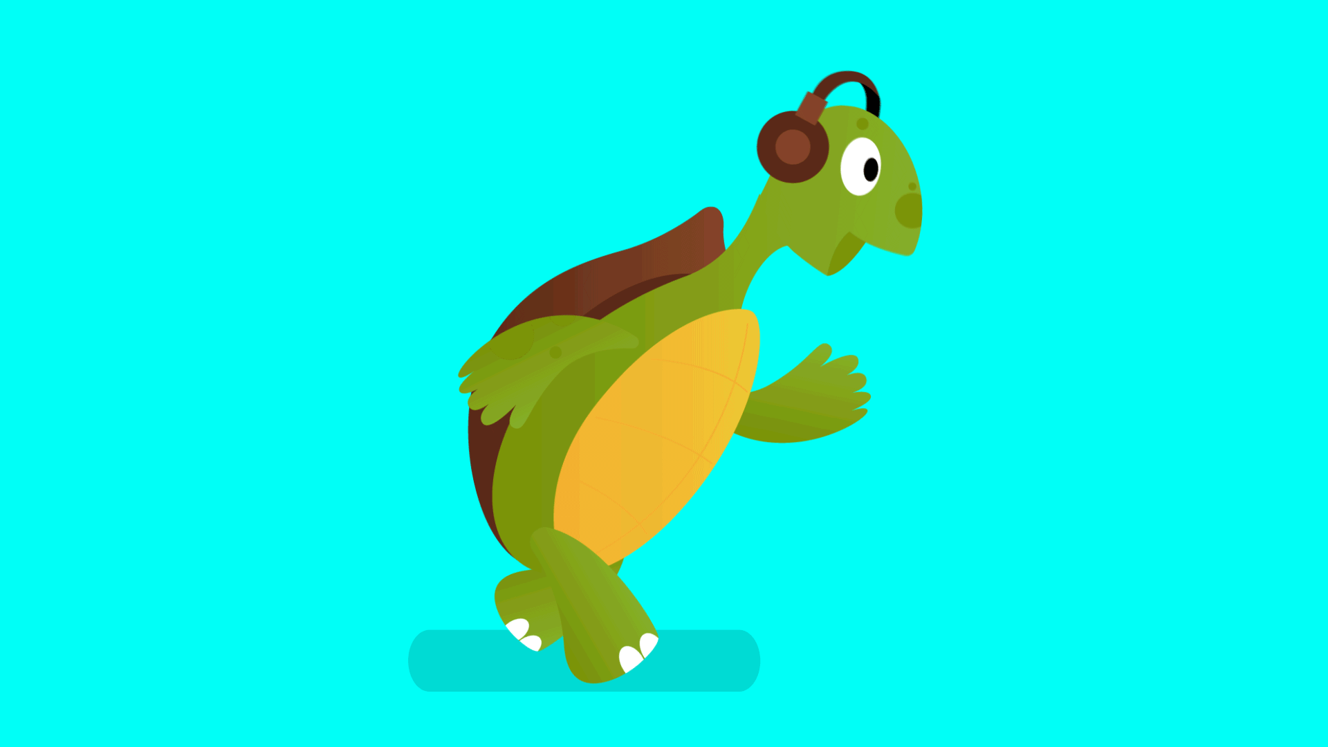 A terrapin walking while listening to podcasts on headphones.